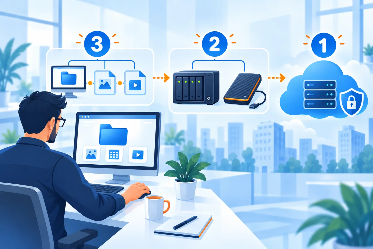 Illustration der 3-2-1-Backup-Strategie mit lokaler Datensicherung, zweitem Speichermedium und externer Cloud-Kopie