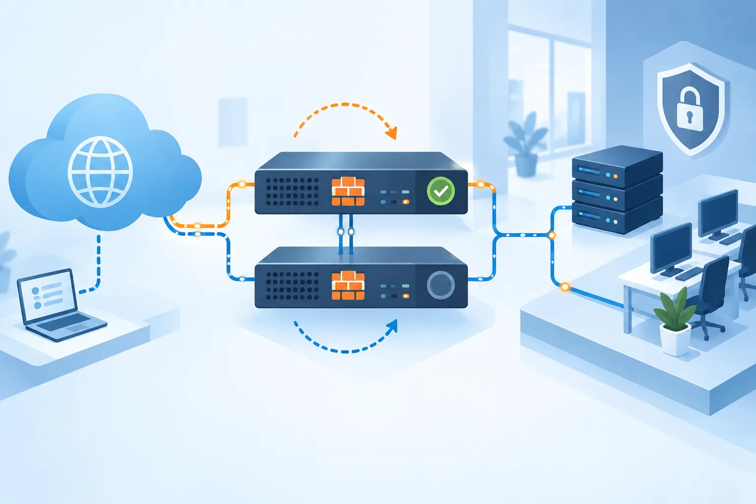 Illustration eines hochverfügbaren Firewall-Clusters mit zwei redundanten Firewalls, Servern und Unternehmensnetzwerk