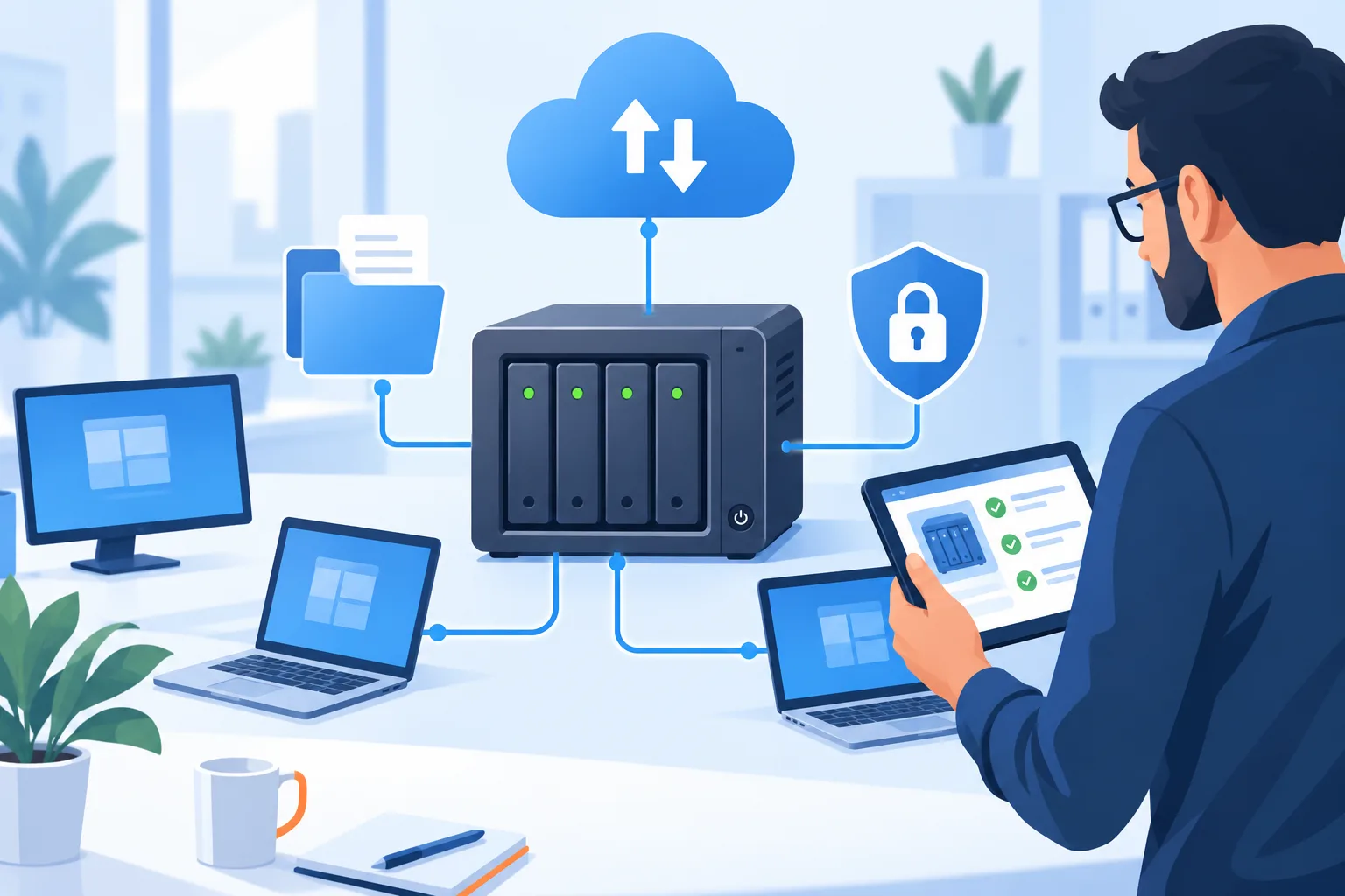 Illustration eines NAS-Systems für Unternehmen mit Netzwerkspeicher, Cloud-Anbindung und mehreren Arbeitsplätzen