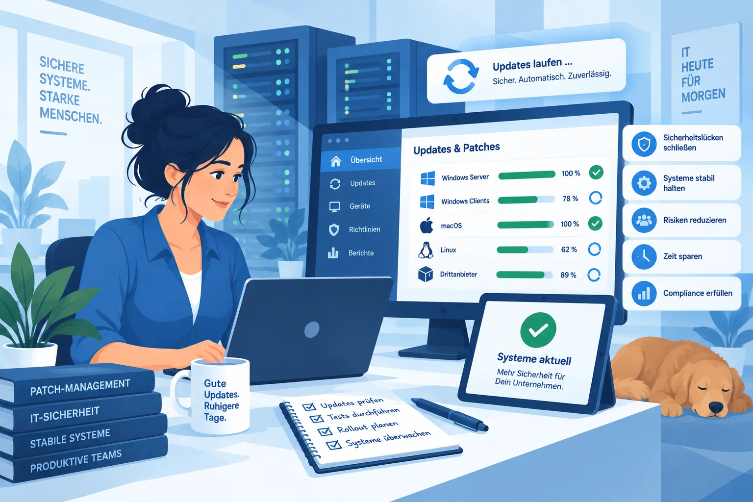 Illustration zu Updates und Patch-Management mit Computer, Servern, Aktualisierungssymbolen und IT-Sicherheit
