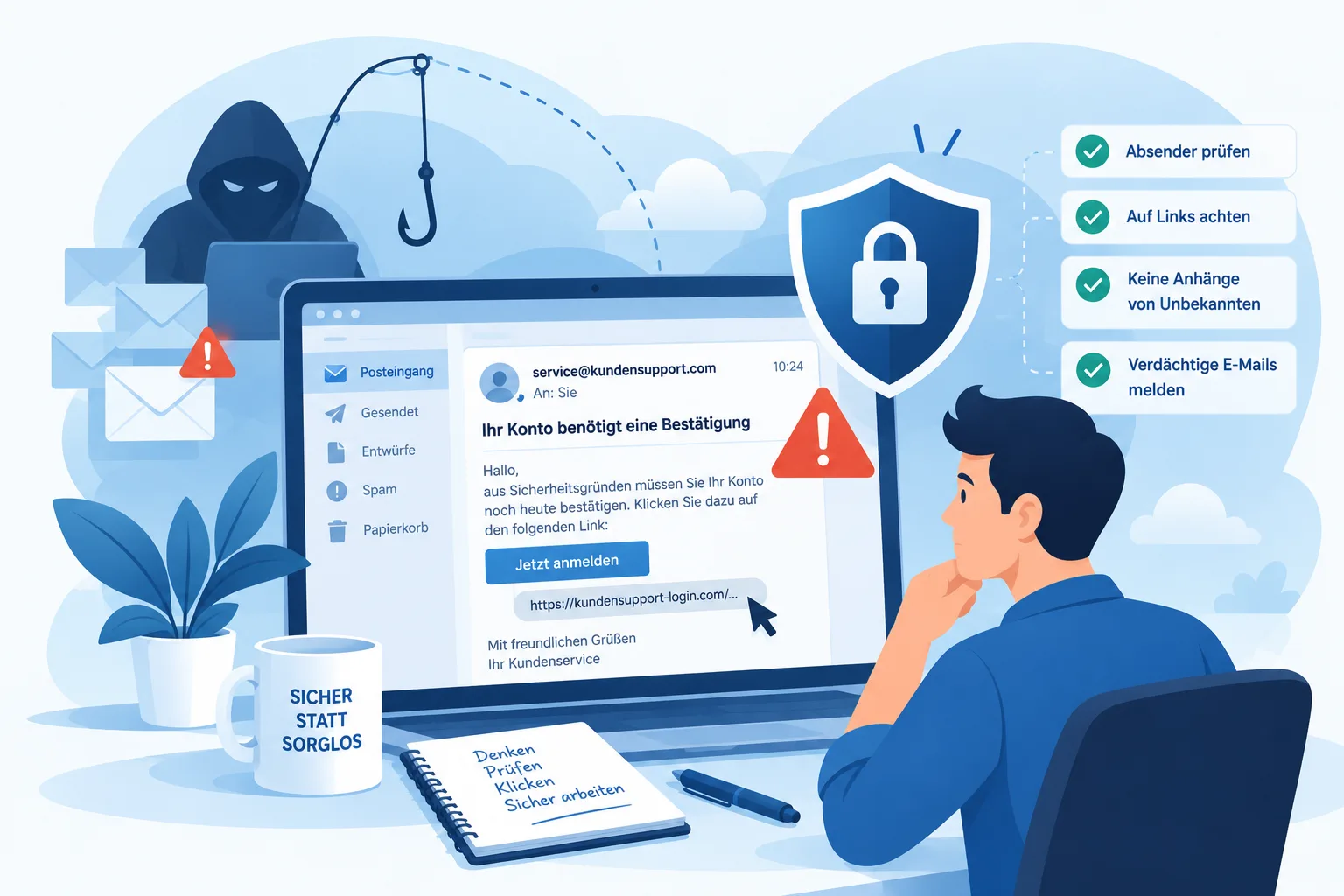 Illustration einer Phishing-Mail mit Warnsymbol und Sicherheitsschutz zur Erkennung betrügerischer E-Mails