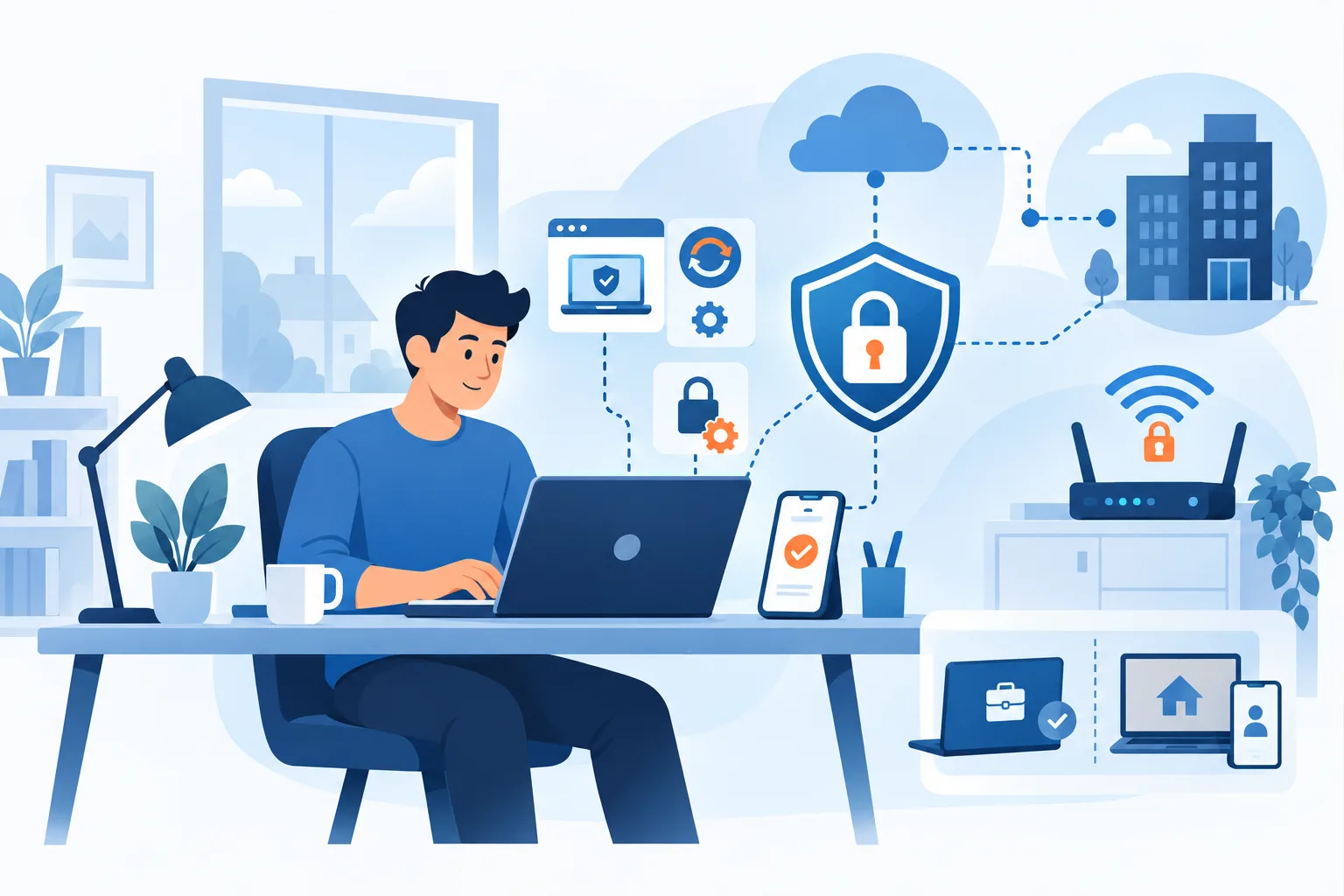 Illustration eines sicheren Homeoffice-Arbeitsplatzes mit Laptop, VPN, WLAN-Router und geschütztem Zugriff auf Unternehmensdaten