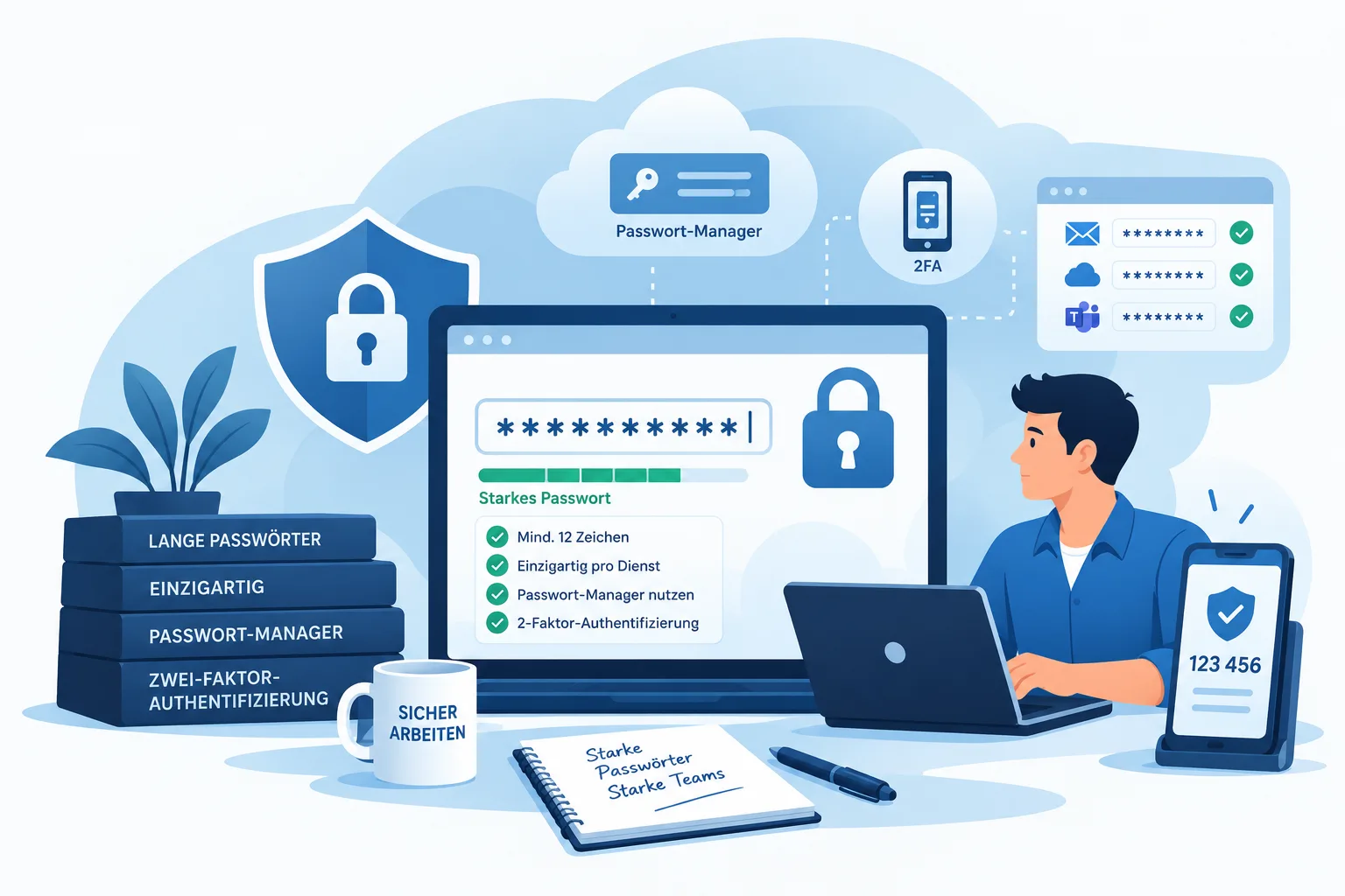 Illustration zur Passwortsicherheit im Unternehmen mit sicherem Login, Schloss und Zugriffsschutz