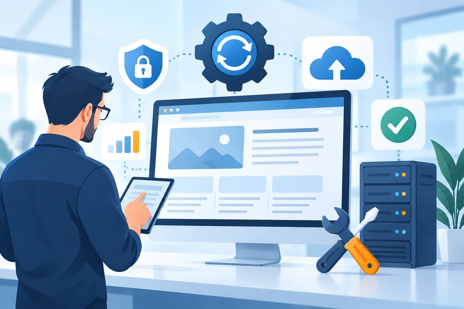 Illustration zur Website-Wartung mit IT-Techniker, Server, Sicherheitsfunktionen und Cloud-Diensten